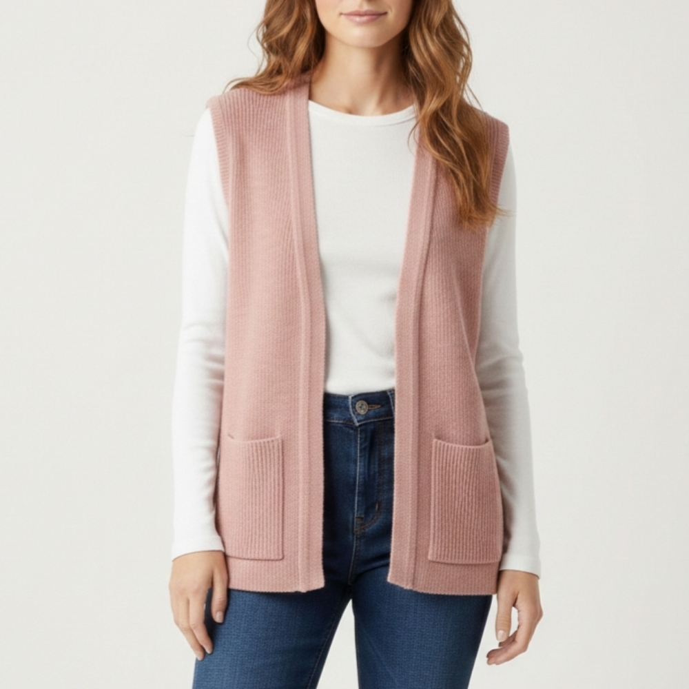 Sz M Vintage 1970s Helen Harper Ribbed Dusty Rose Pink Open-Front Cardigan Vest